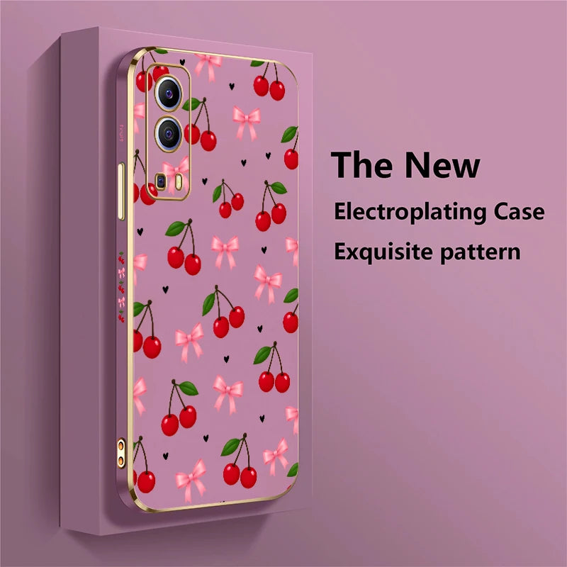 Cartoon Cherry Fruits Phone Case For Vivo Y17 Y16 Y15 Y12 Y11 Y11S Y5S Y3 S03 T Y02 S Y01 Drop Resistant Plating Soft Cases Capa