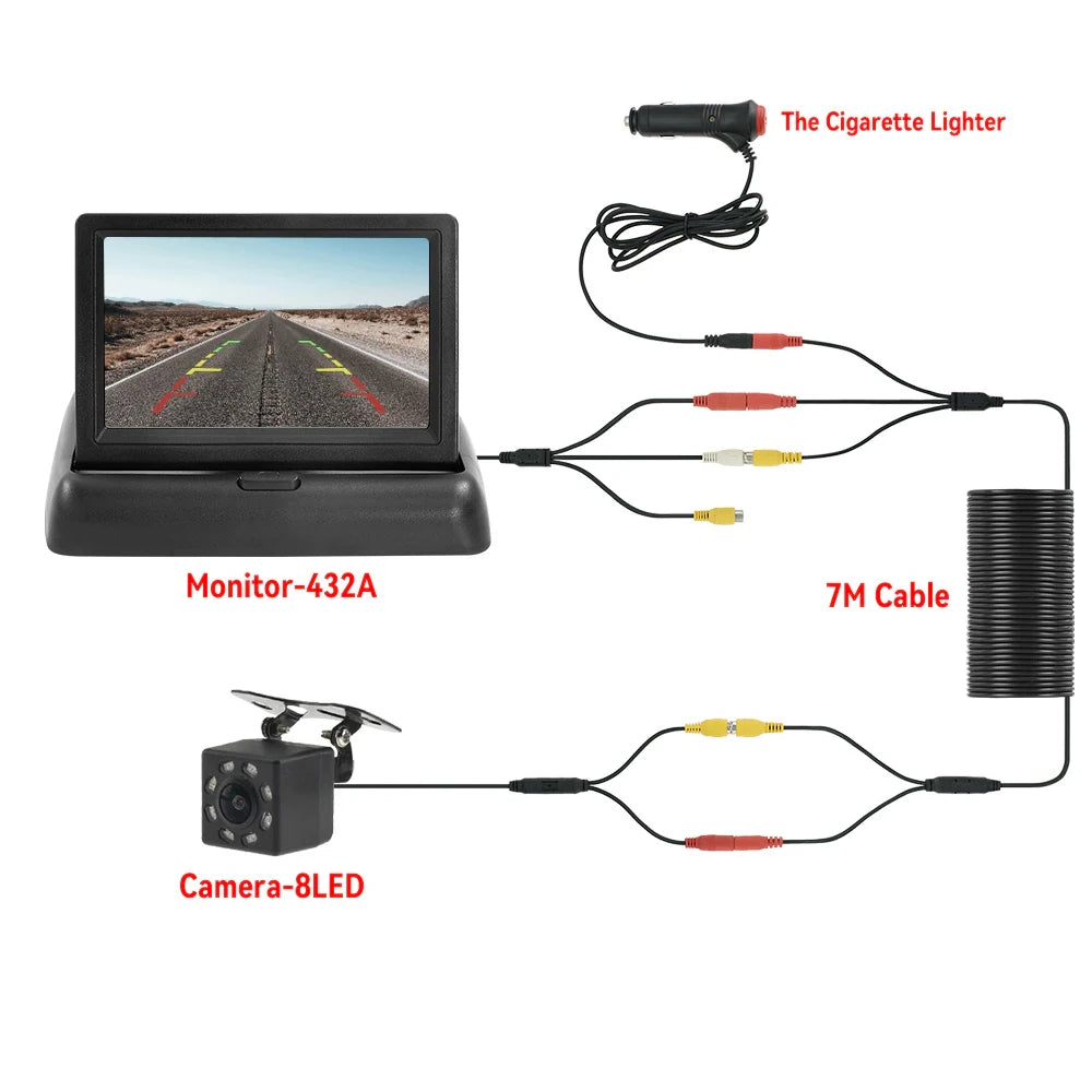 4.3 TFT LCD HD Screen Folding Car Monitor with Rear View Camera  8 LED Backup for Vehicle Parking Easy Installation CM World
