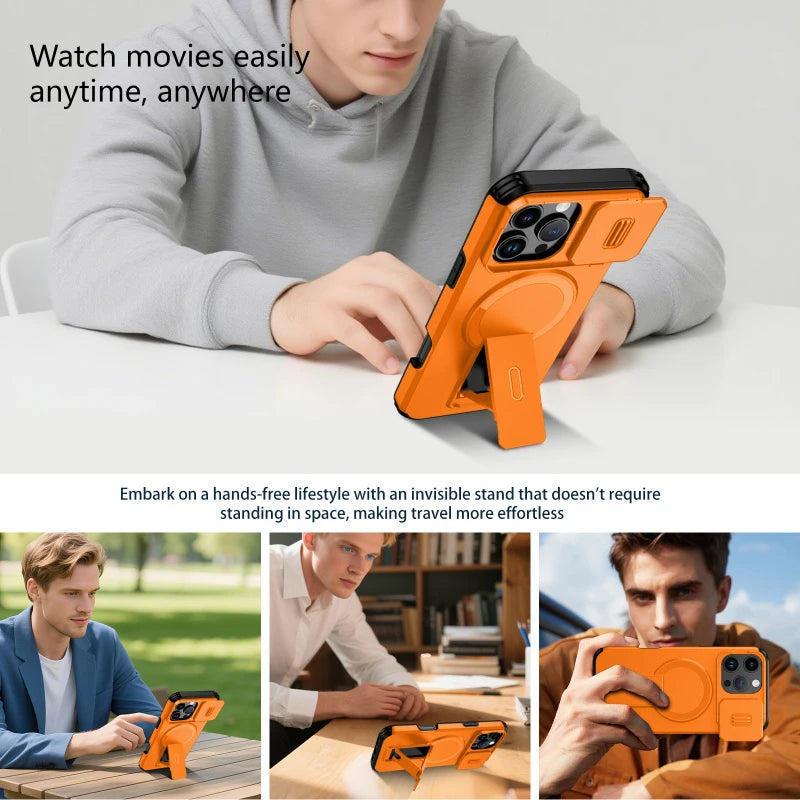 Shockproof Armor Bracket Magnetic Case for iPhone 17 16 E 15 14 13 11 12 Pro Max Mini For Magsafe Sliding Camera Protect Cover