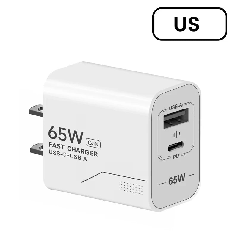 Lenovo 65W GaN USB C Charger 2-Port Fast Charging Phone Charger Power Adapter For iPhone Samsung Type C EU/US Plug Wall Charger
