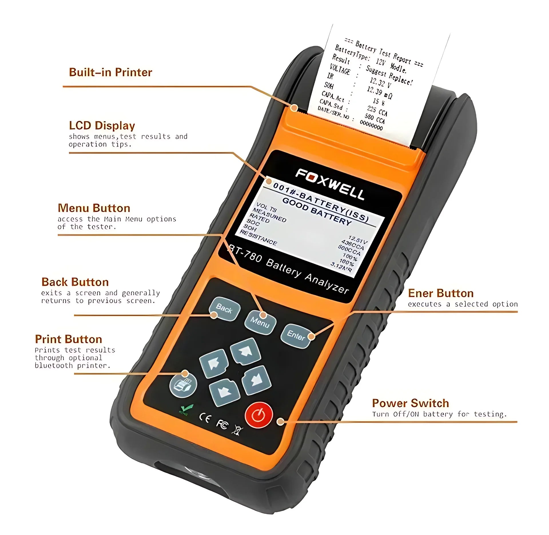 FOXWELL BT780 12V Car Battery Tester capacity AGM/GEL/EFB Analyzer with Built-in Printer Car Battery Monitor CCA/SOC/SOH Test CM World