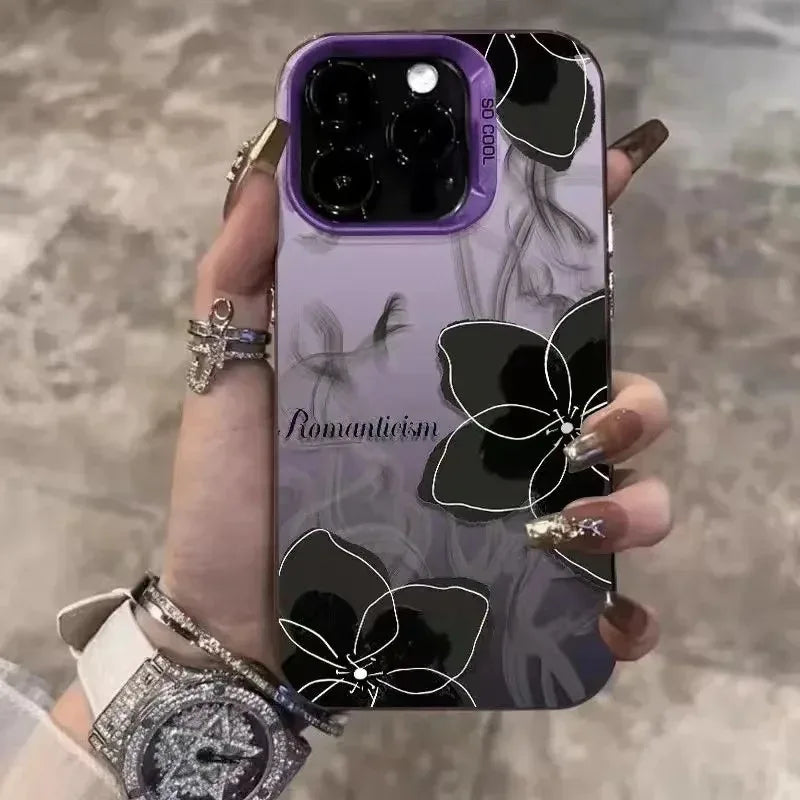 Vintage black floral Phone Case For iPhone 11 13 12 Pro Max 16E 16 15 14 Plus Colorful Silver IMD Shock-proof Rear Phone Cover