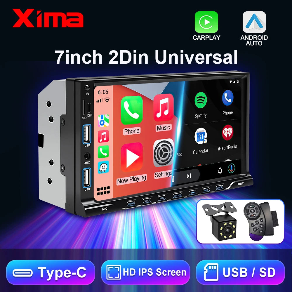 XIMA Universal 2din 7inch IPS Touch Screen Carplay Android Auto Car Radio Bluetooth FM Auxiliary Input Car Multimedia Player CM World
