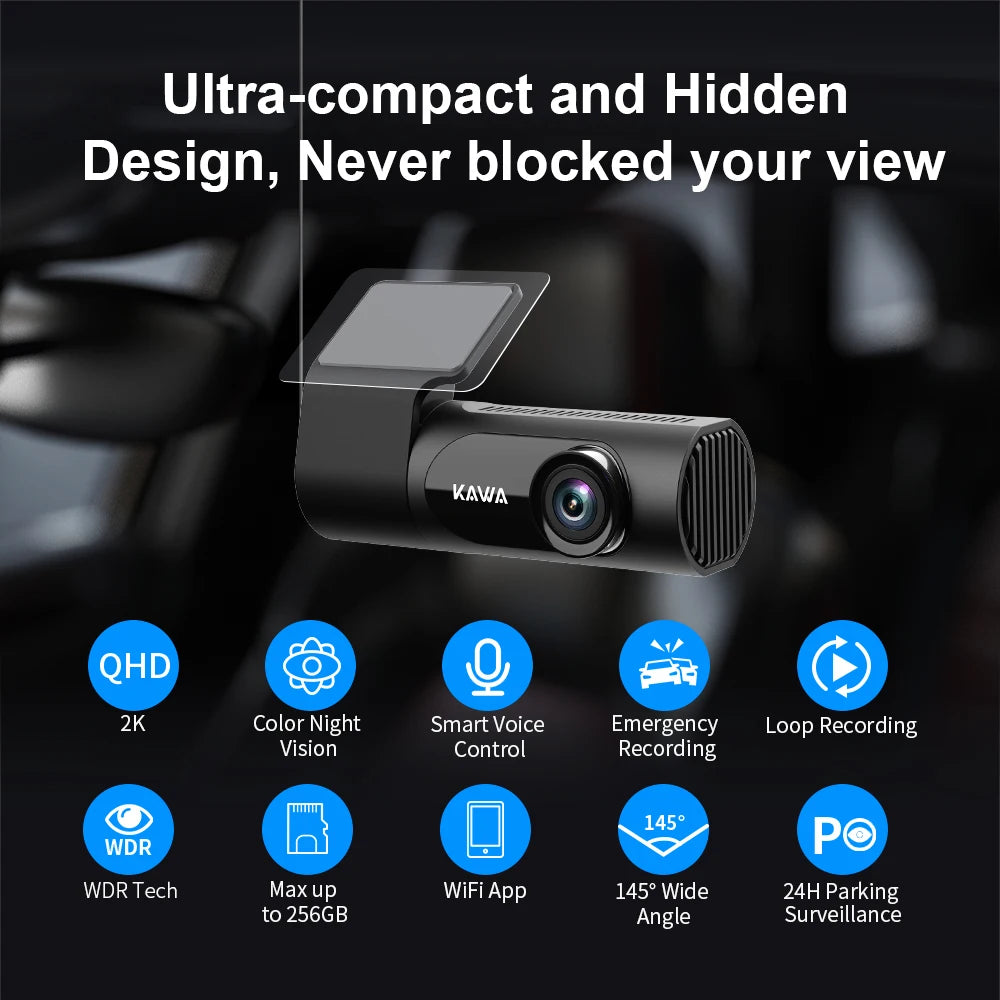 1440P KAWA Car DVR D6 Dash Cam 2K Video Recorder WiFi/App/Voice Control Dash Camera WDR G sensor Night Vision Hidden Dashcam Car Mobile World
