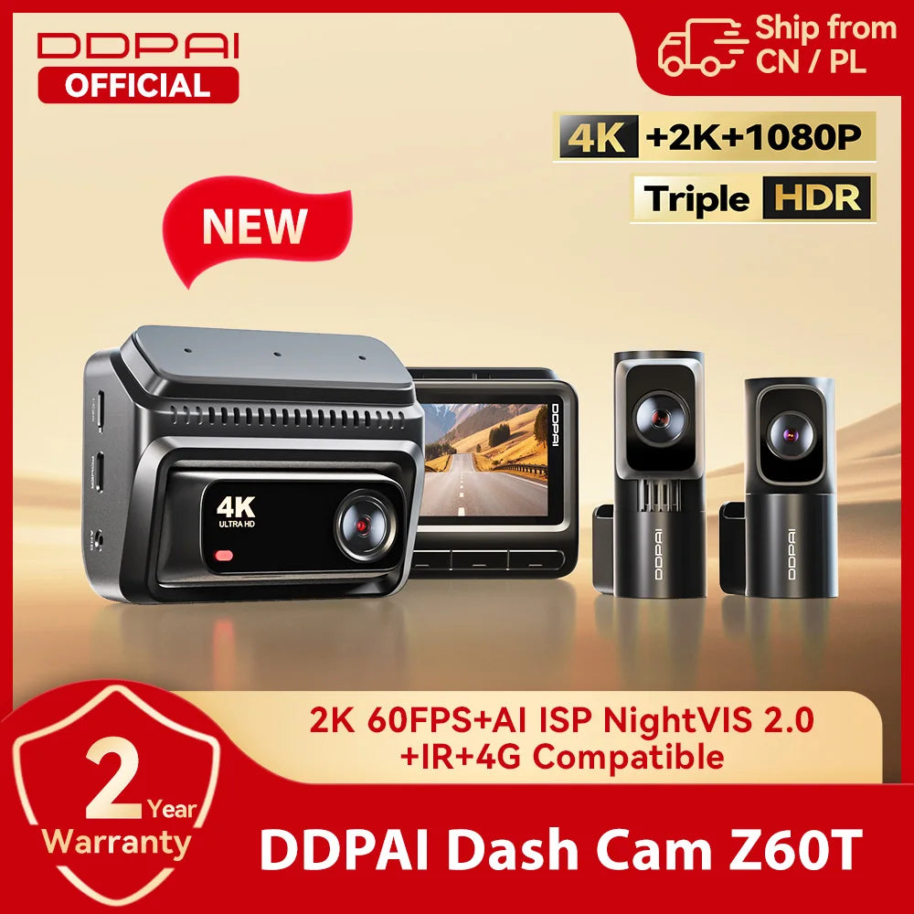 DDPAI Z60T Dash Cam 3-Channel HDR 4K+2K+1080P Front Rear Interior Night Vision 24H Parking Monitoring ADAS Dash Camera Car DVR