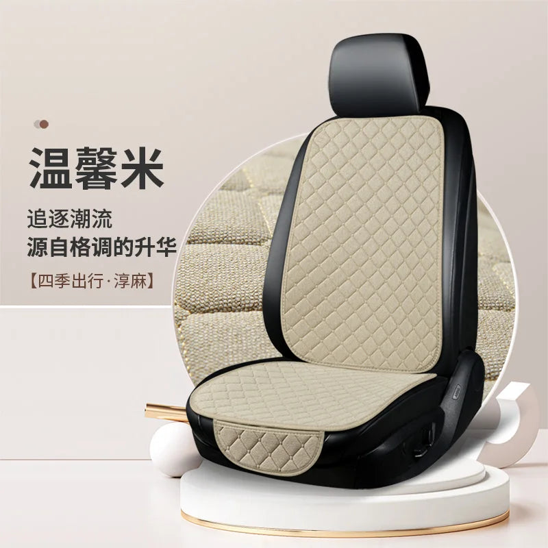 Universal Car Seat Cushion with Backrest Beige Linen Diamond Quilted Four Seasons Breathable Non-slip Auto Seat Cover Protector