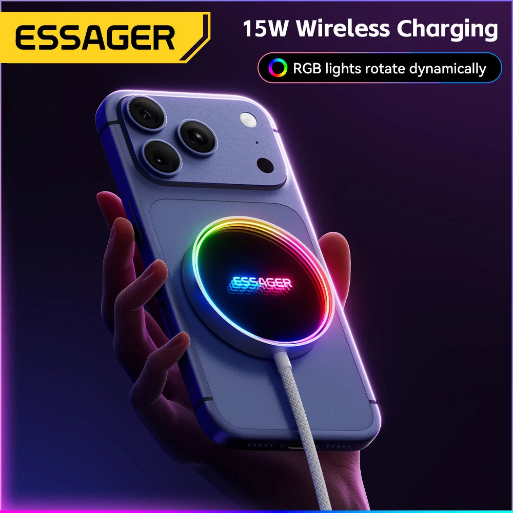 ESSAGER Magnetic Wireless Charger, RGB Fast Charging, Phone Charger for iPhone17 16, 15, 14, 13 Pro, Macsafe Phone Charging Dock
