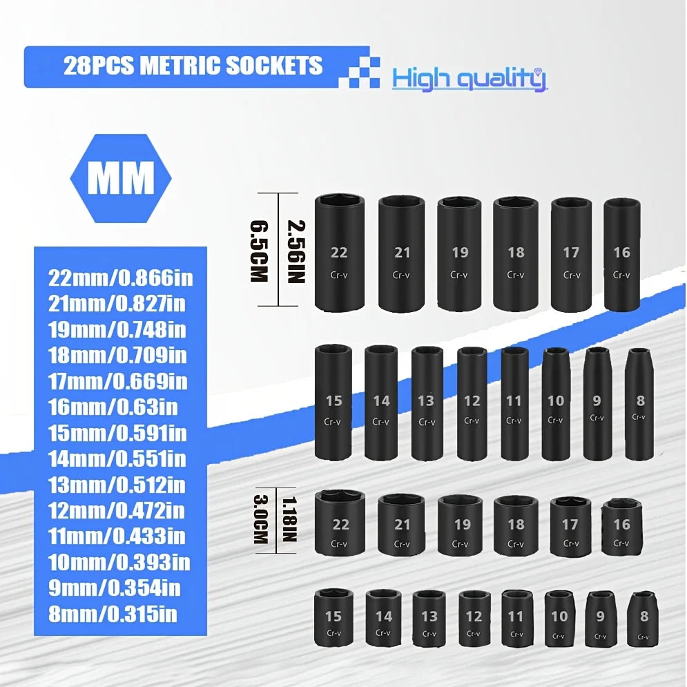 50-Piece 3/8" Drive Socket Set SAE & Metric - Chrome Vanadium Steel Impact Sockets with Extension Bar & Ratchet CM World