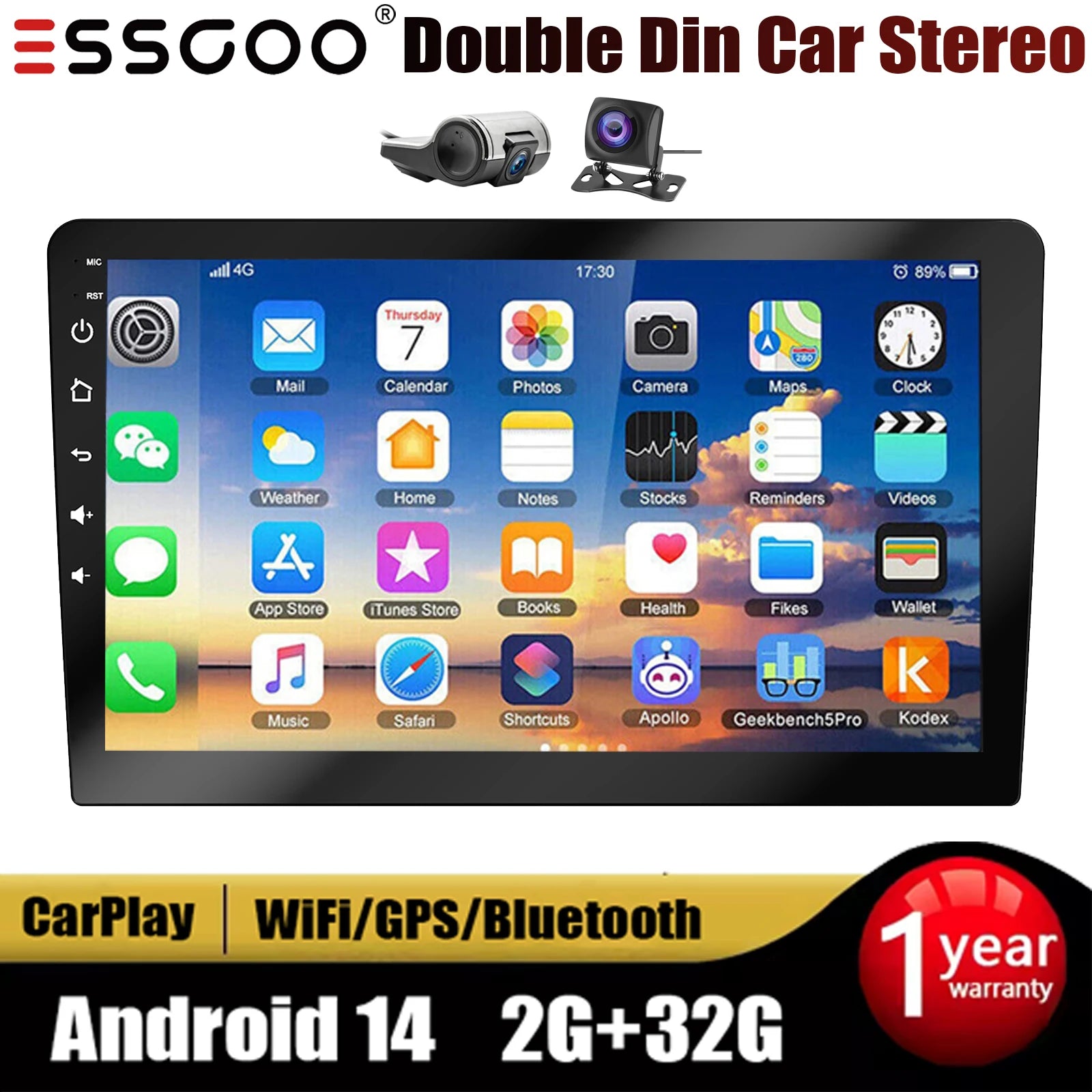 ESSGOO 10.1" Android 14 Carplay Car GPS Radio Stereo Double 2Din Head Unit FM SWC Bluetooth 4+64GB IPS Split Touch Screen WiFi CM World
