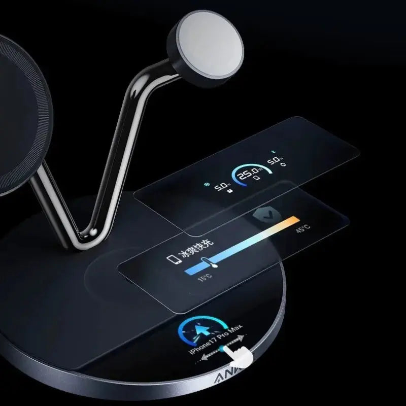 Anker Prime TEC Air-Cooled Magnetic 3-in-1 Wireless Charger 25W Digital Display Desktop Stand for iPhone 17 Pro Watch Earbuds Car Mobile World