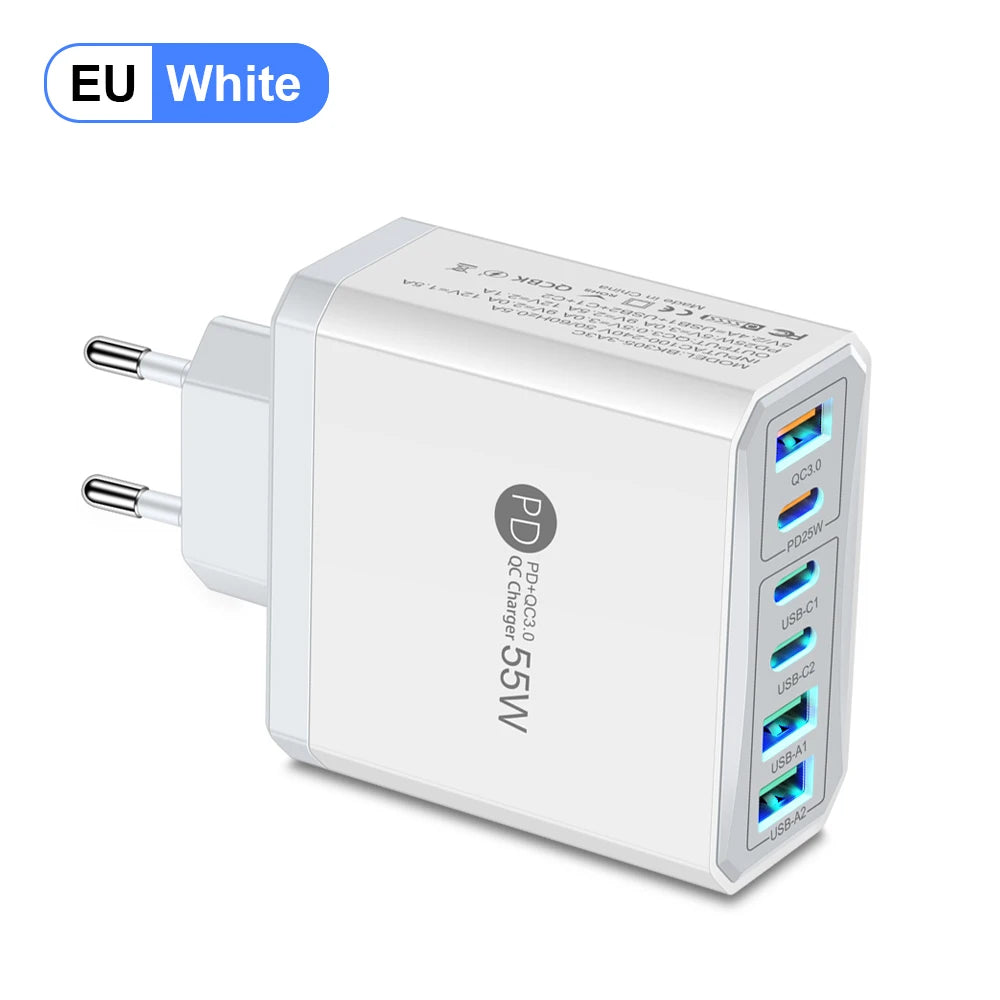 55W 3 USB 3 PD Charger Fast Charging QC3.0 Travel Charger For iPhone 15 14 Samsung Xiaomi Mobile Phone Adapter EU KR US UK Plug Car Mobile World
