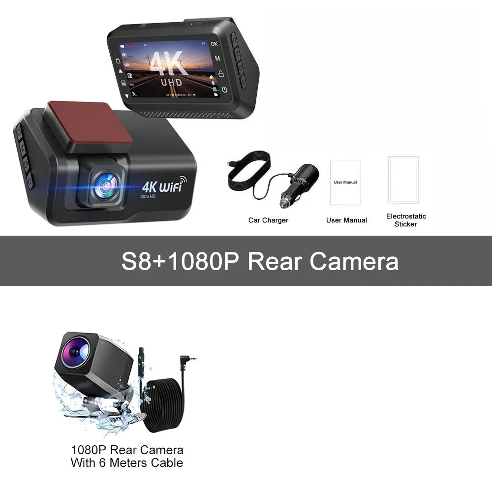 4K UHD Dash Cam WiFi Car Recording DVR Front and Rear Dual Lens Auto Car Camera with Night Vision Rearview Camera Loop Recording