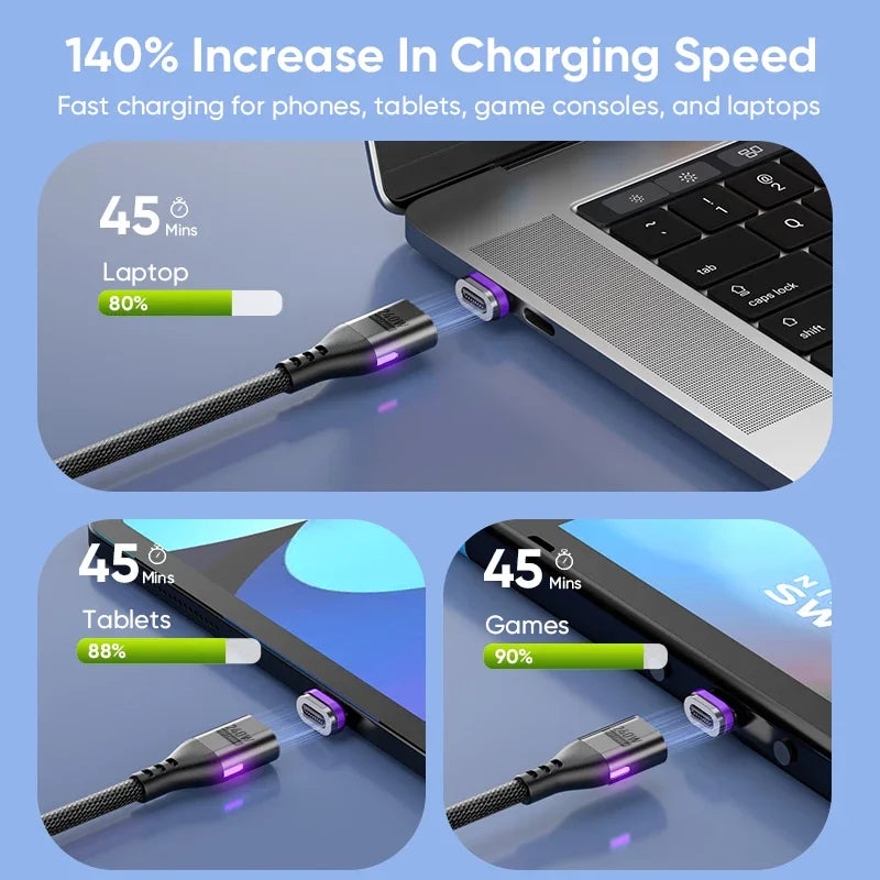 AUFU PD240W Magnetic Type C Cable For Macbook PC 5A Super Fast Charging Magnet USB-C Charger Data Cord For iPhone Samsung Xiaomi