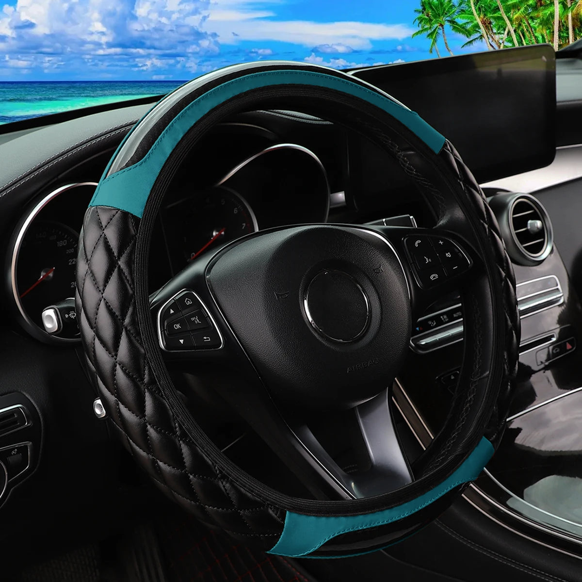 PU Soft Leather Crystal Carbon Fiber Embroidered Car Rimless Steering Wheel Cover for 14.5 - 15 Inch Car Interiors
