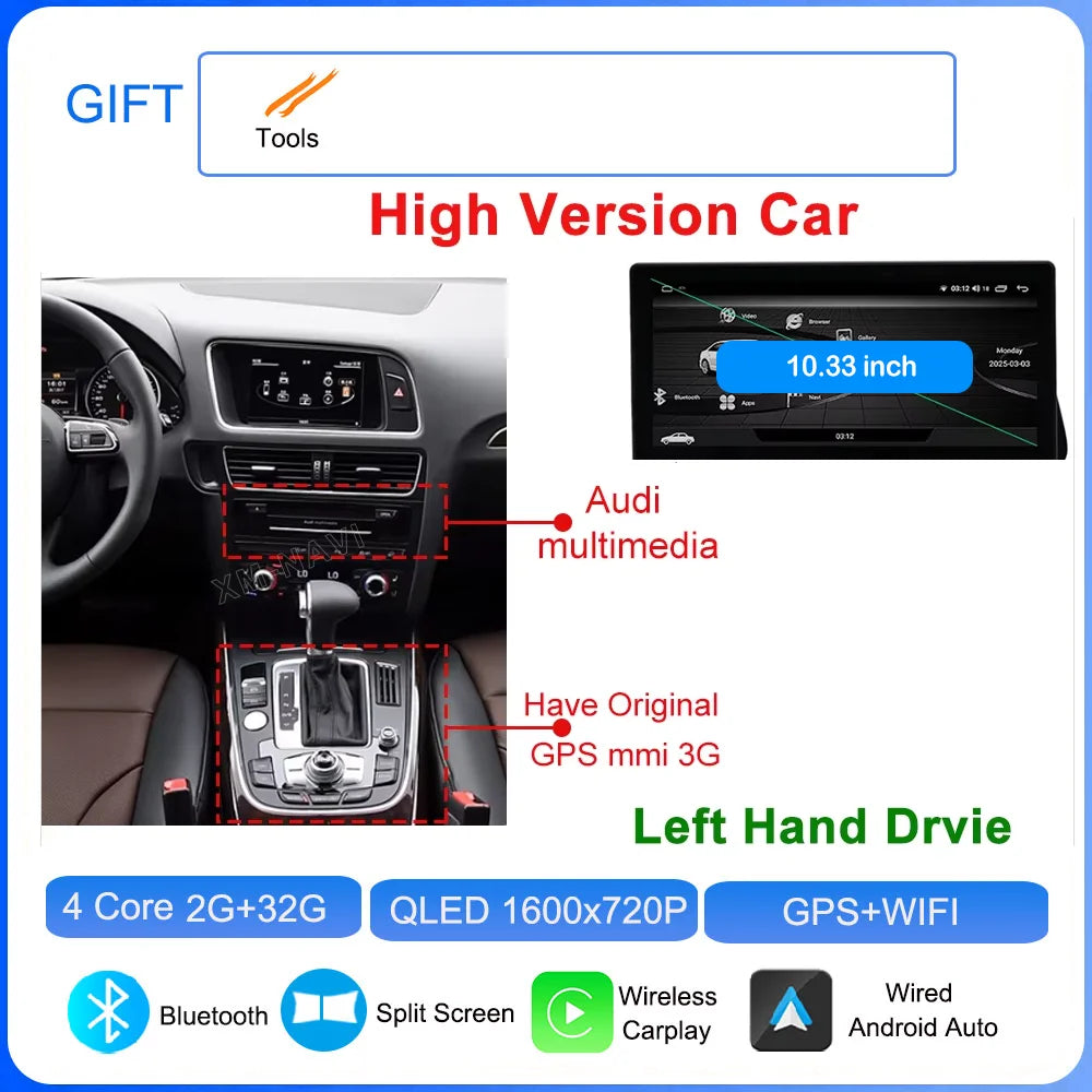for Audi Q5 2009 - 2017 Android 16 Car Radio Video Multimedia Player GPS Navigation QLED Screen WiFi DSP Stereo Auto Accessories CM World