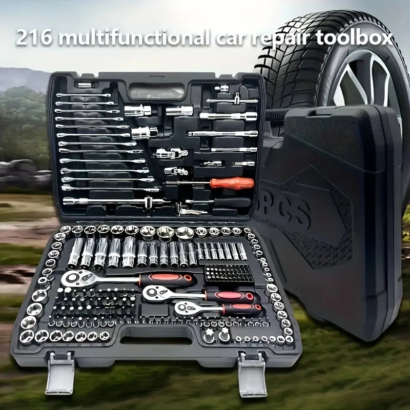 216-Piece Professional Socket Set - 1/2" 3/8" 1/4" Drive SAE & Metric, 72-Tooth Ratchet for Automotive & Home Repair CM World