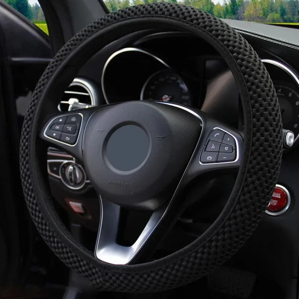 Universal 38cm car steering wheel cover with anti slip and sweat absorbing ring, elastic grip for easy installation and removal