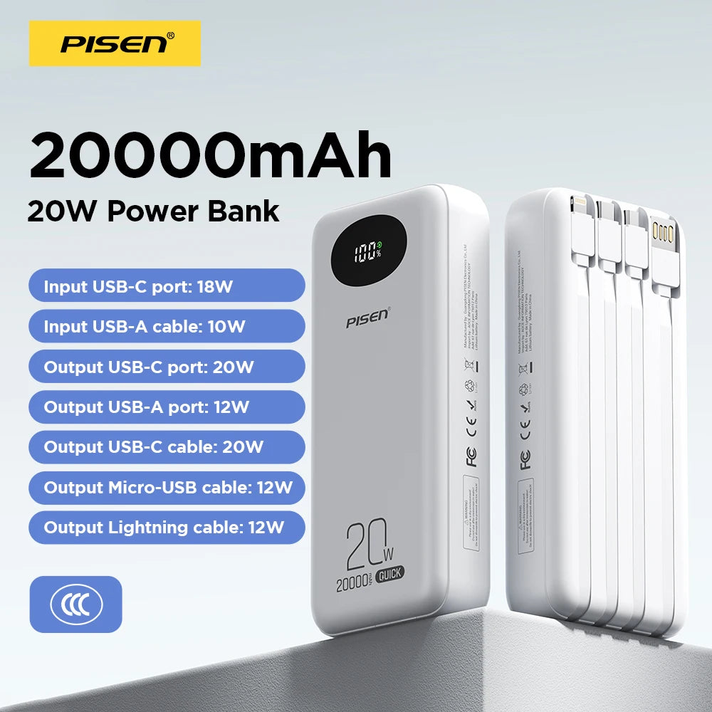 PISEN 3C Certified Power Bank 10000mAh & 20000mAh 20W Fast Charging Powerbank With 4 Built-in Cables For iPhone Samsung Xiaomi Car Mobile World