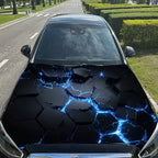 Electric Blue Cracks Hexagon Car Vinyl Wrap, PVC Material Waterproof Car Hood Sticker, Self-Adhesive Scratch-Resistant Stickers