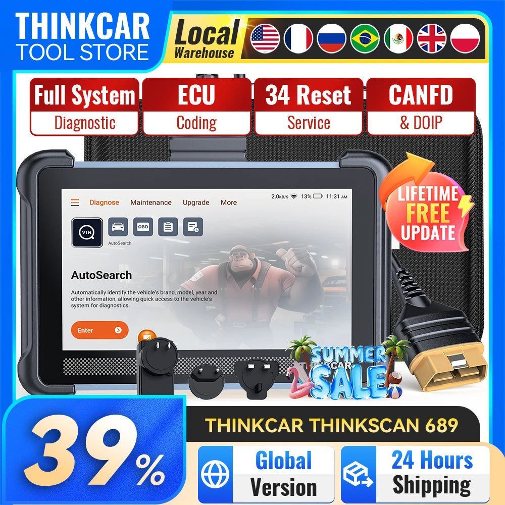 THINKCAR Thinkscan 689 Diagnostic Tools CANFD DOIP ECU Coding BI-directional 34 Reset Lifetime Free Update Car OBD2 Scanner Car Mobile World
