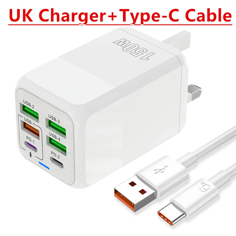 150W 6 Ports Pd QC 4.0 Usb C Fast Charger Wall Adapter Super Fast Charging For Iphone Samsung Ipad Xiaomi Huawei Oneplus Oppo Car Mobile World