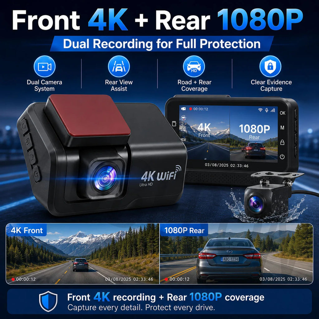 4K UHD Dash Cam WiFi Car Recording DVR Front and Rear Dual Lens Auto Car Camera with Night Vision Rearview Camera Loop Recording