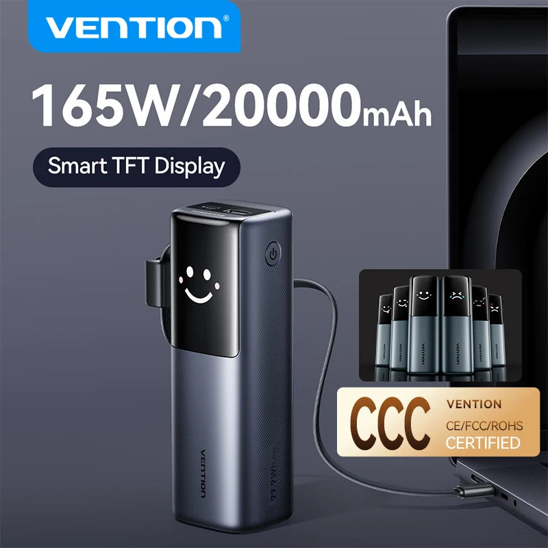 Vention CCC 20000mAh 165w Powerbank PD Fast Charge Portable 3C Certified Power Bank for Laptop MacBook External Battery Charger Car Mobile World