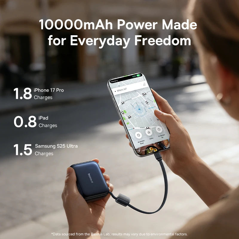 Baseus 45W Mini Power Bank 10000mAh Built-In USB-C Cable Pocket-Sized Smaller Fast Charging Portable For iPhone 17 Samsung S25 Car Mobile World