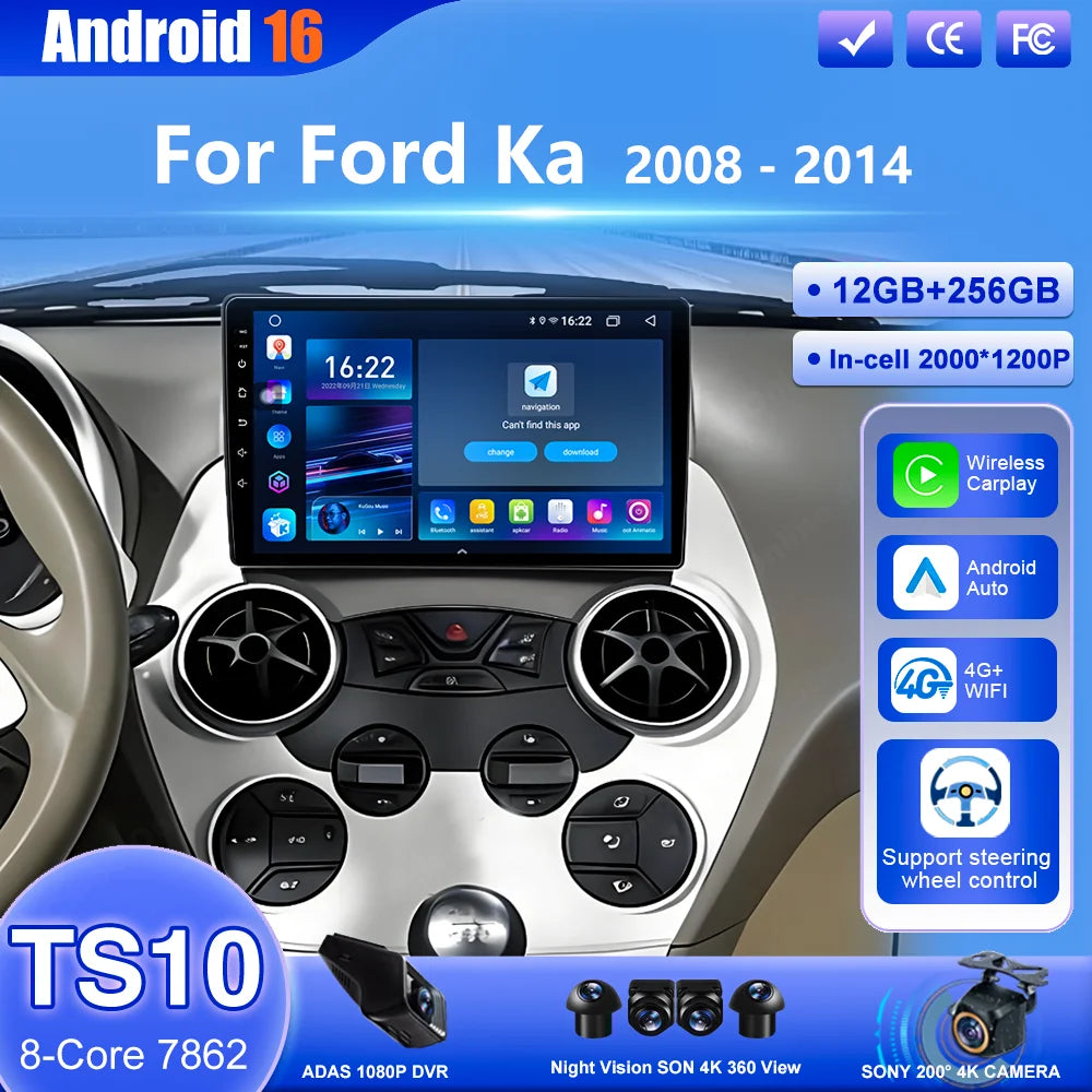 Android 16 Carplay For Ford Ka 2008 - 2014 Auto Radio Stereo Car Multimedia Video Player GPS Navigation QLED Touch Screen 4G DSP CM World