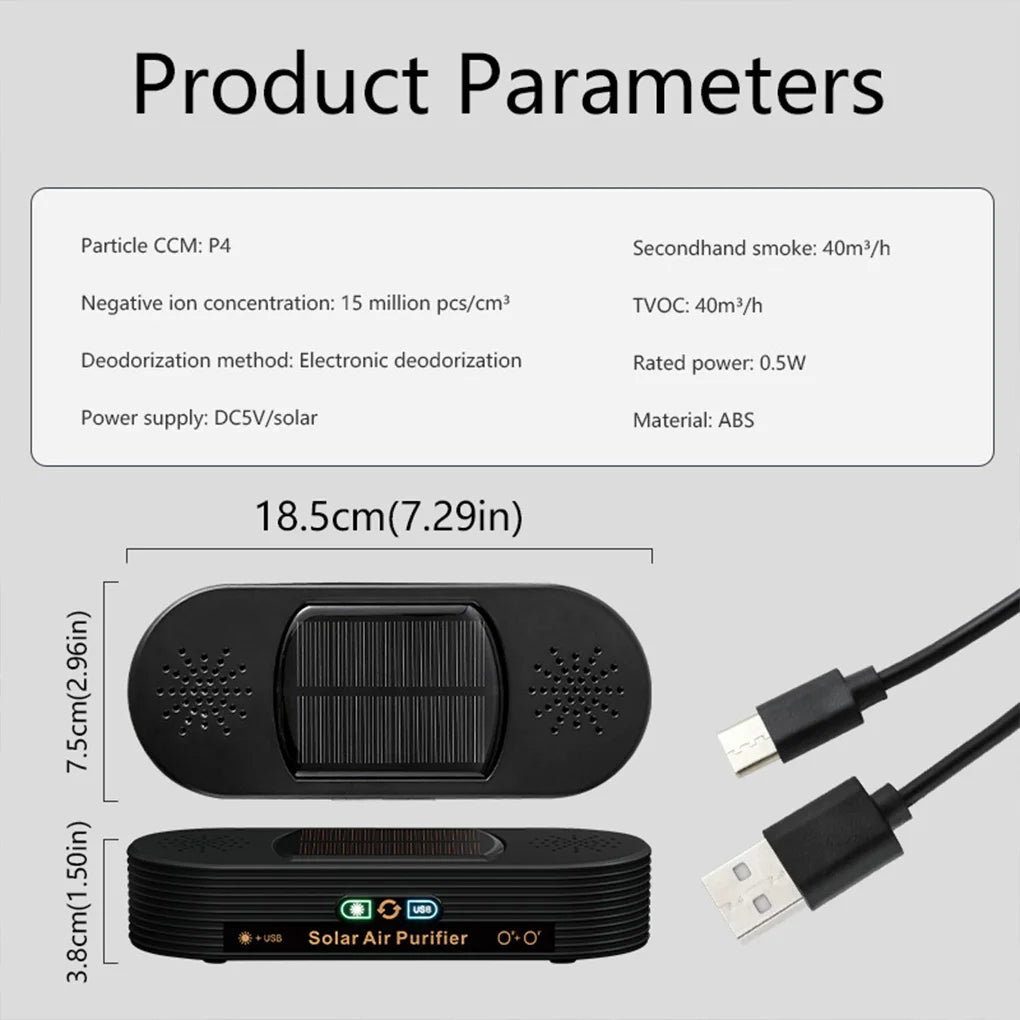 Solar USB Car Air Purifier Auto-Switch Power Safe Ozone Ion Tech Dual-mode Vehicle-mounted Ion Active Oxygen Dual-core Purifier CM World