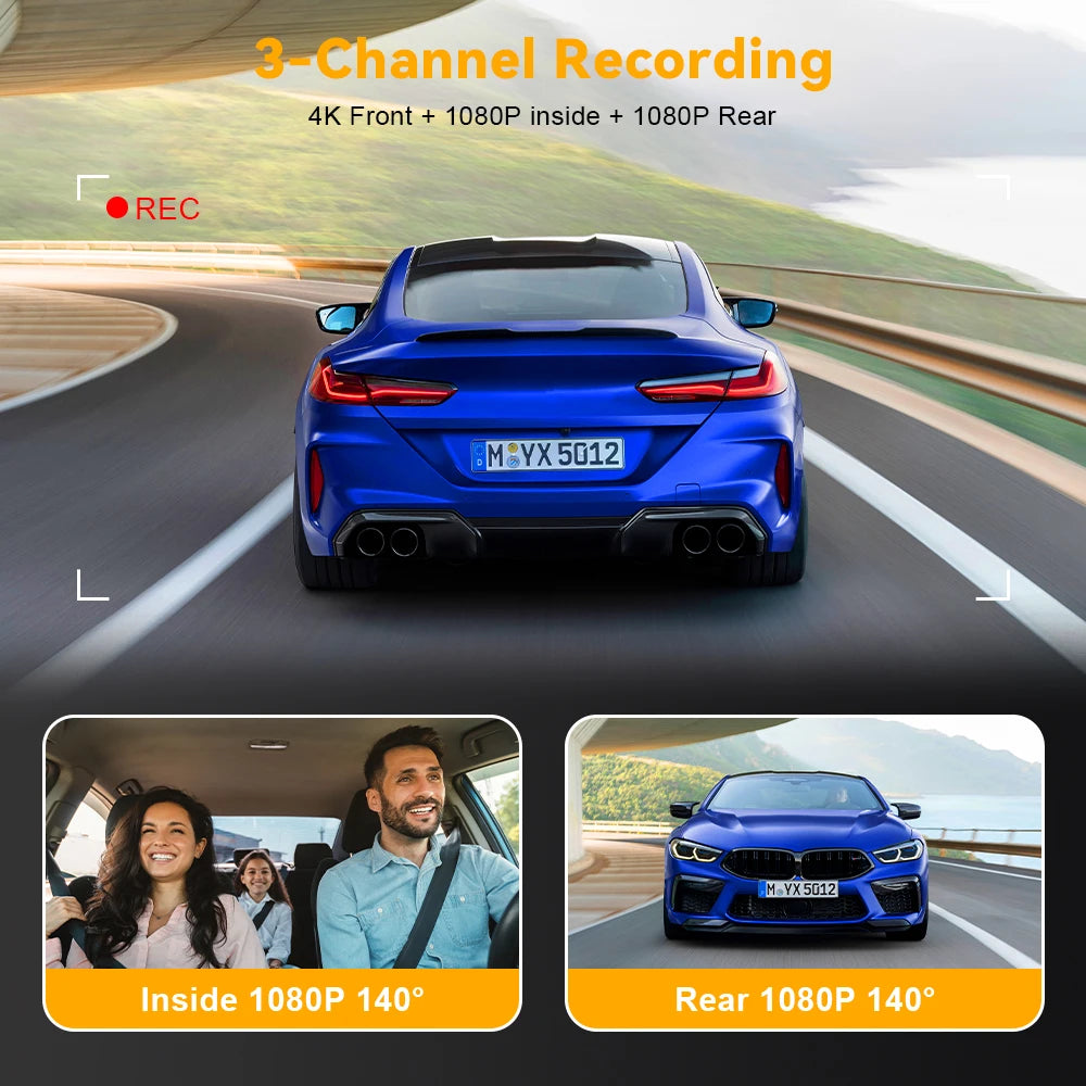 3 Channel WiFi 4K Dash Cam Front and Inside DashCam 1080P Rear Camera Night Vision 24H Parking Car DVR Black Box Support GPS Car Mobile World