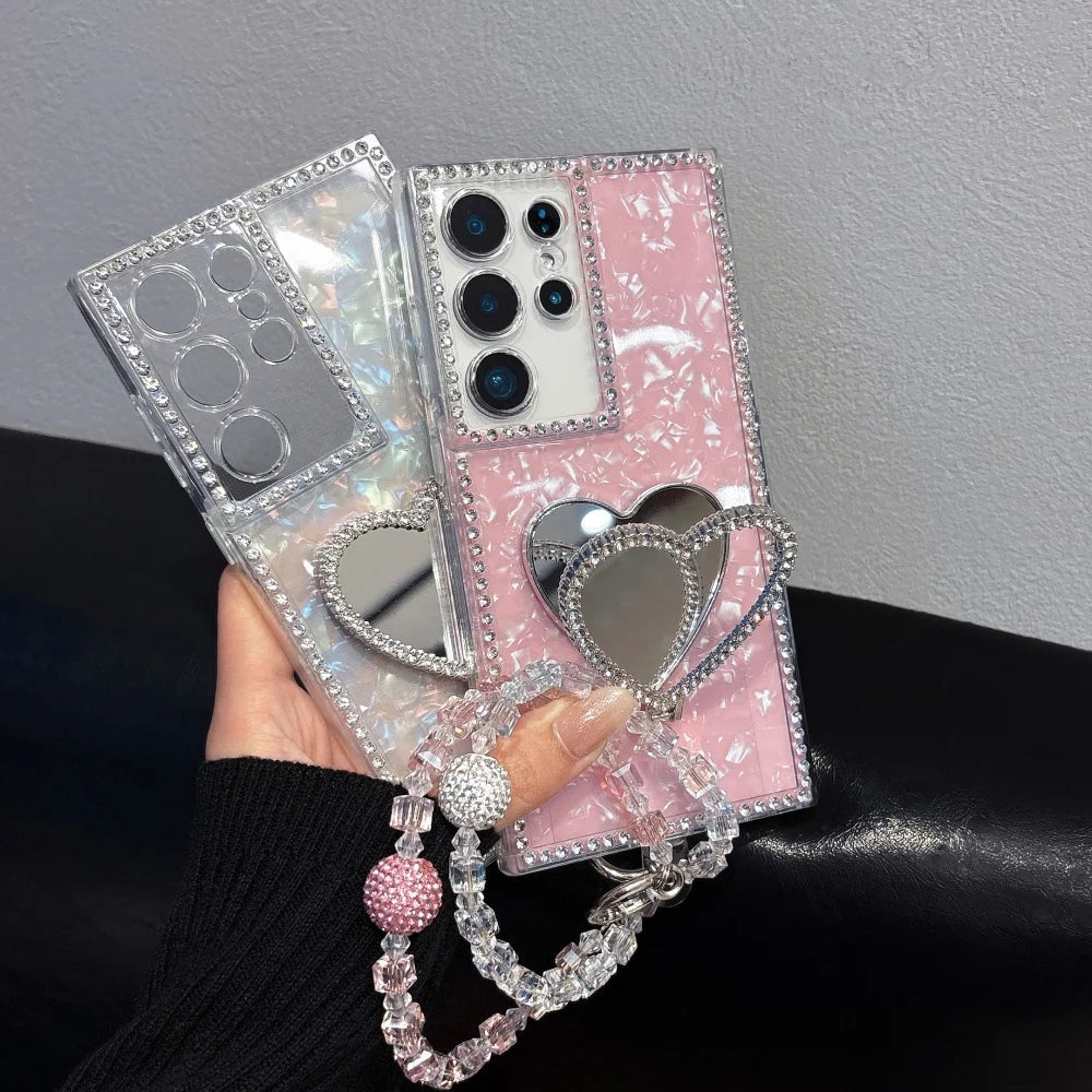 Glitter Love Heart Mirror Bracelet Case for Samsung Galaxy S26 S25 Ultra S24 S22 Plus S23 FE A55 A16 A54 A35 A15 Bracket Cover