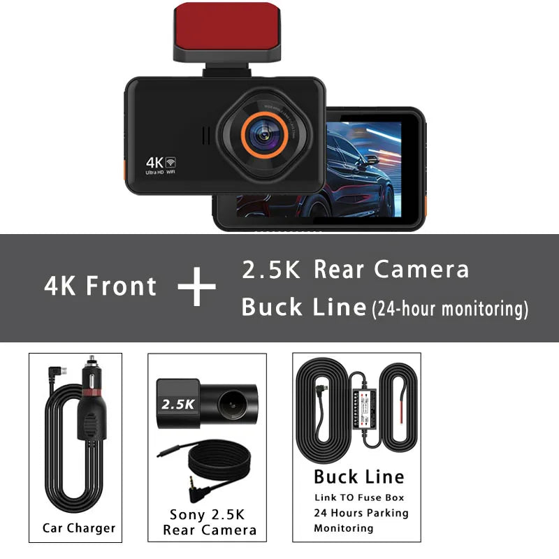 4K Dual Lens Dashcam With Rear 2.5K WiFi GPS And Rearview Camera WDR Night Vision 24H Parking Recording Car Video Recorder