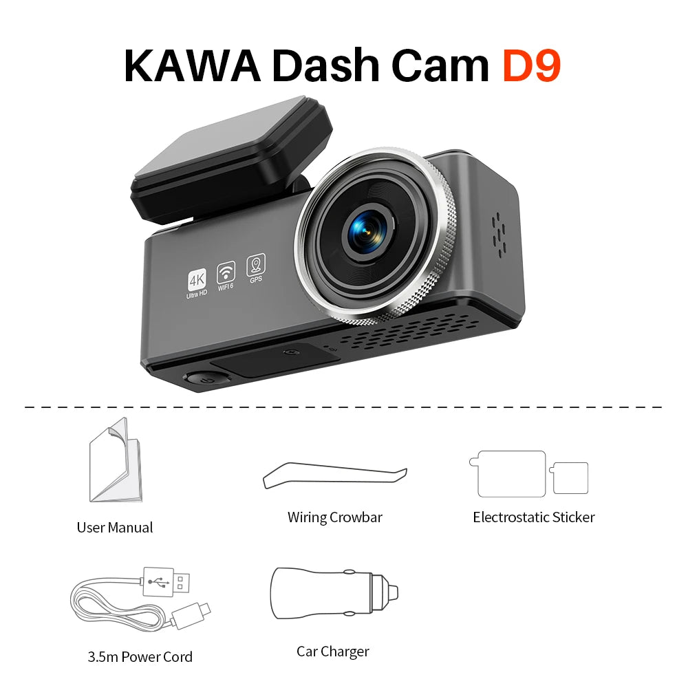 4K Dash cam Front and Rear KAWA D9,Voice Control Car DVR,WiFi6 Video Recorder,GPS Car Camera, Dashcam for AUTO,Dashcamera Car Mobile World
