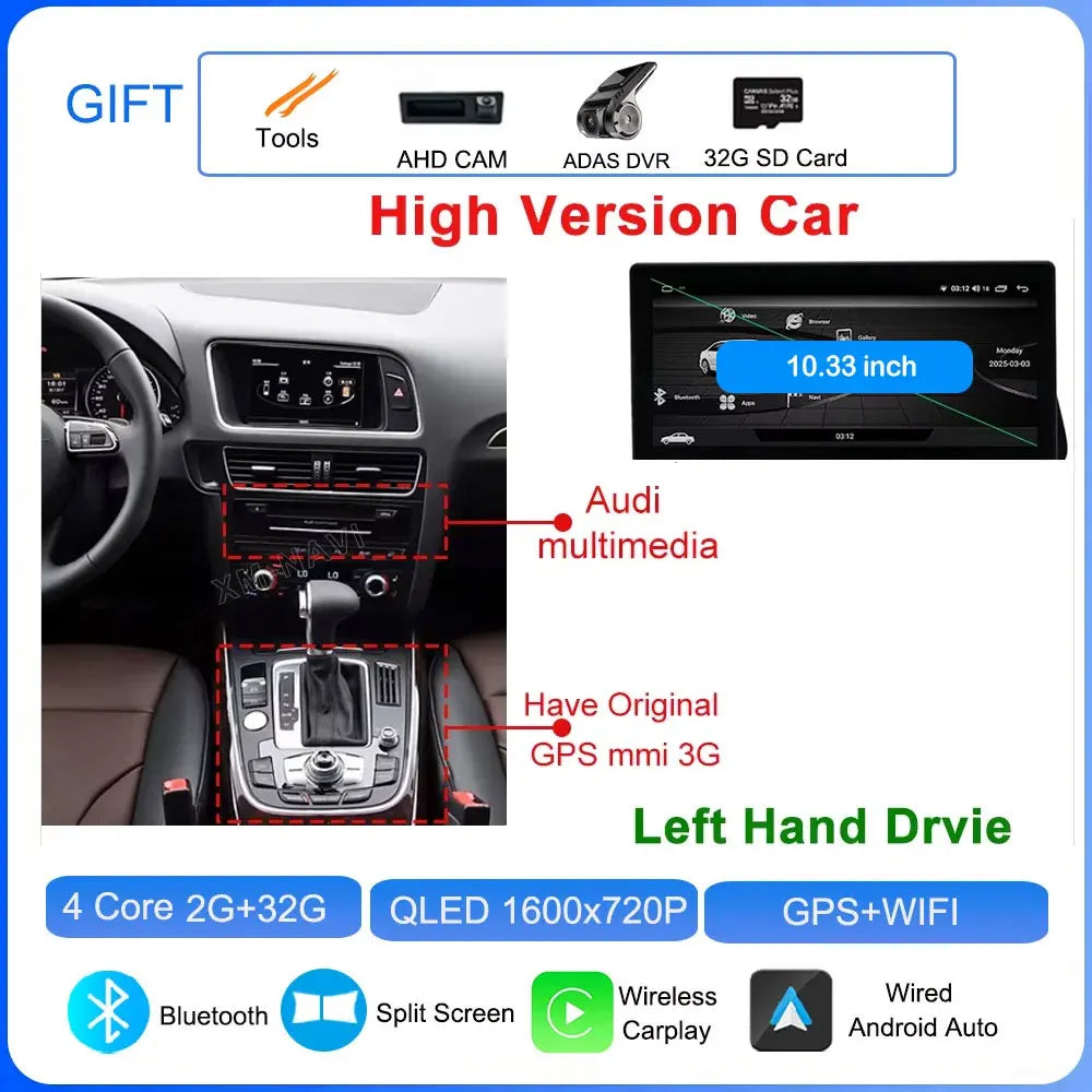 for Audi Q5 2009 - 2017 Android 16 Car Radio Video Multimedia Player GPS Navigation QLED Screen WiFi DSP Stereo Auto Accessories CM World