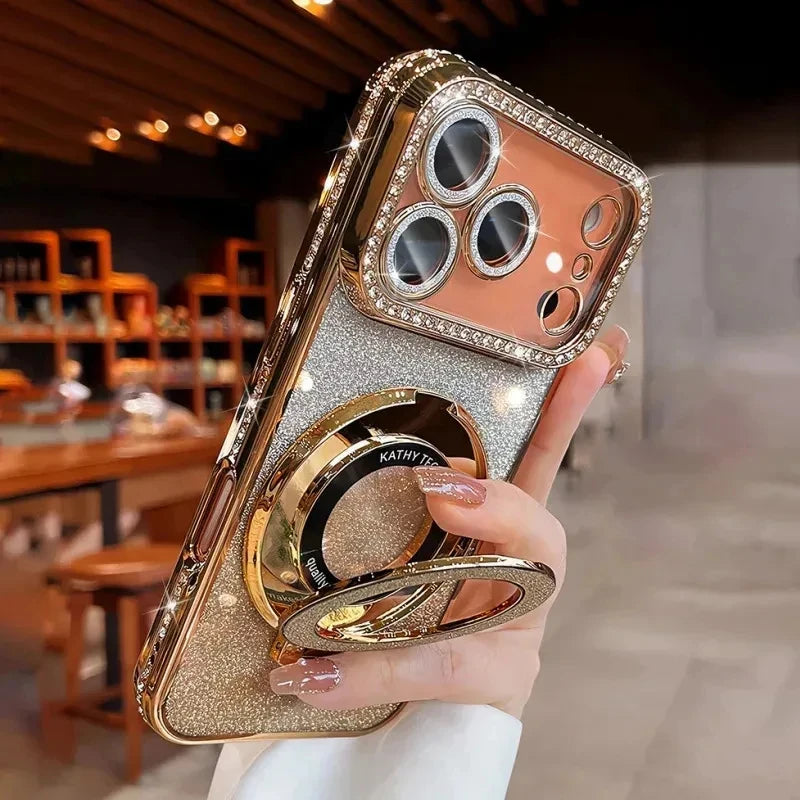 Transparent Diamond Glitter Magnetic Phone Case with Coating，Applicable iPhone 18 17 16 15 14 Pro Max Lens Protection Bracket Ba