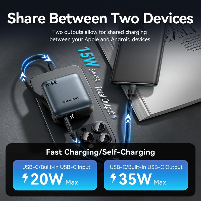 Vention 10000mAh Power Bank Fast Charging PD 35W Portable Mini PowerBank for iPhone 17 16 15 Xiaomi External Battery Charger Car Mobile World
