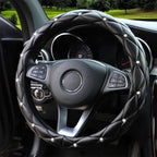 Soft leather embroidered stereo diamond-studded car steering wheel cover with inner ring fits 14.5-15 inches CM World