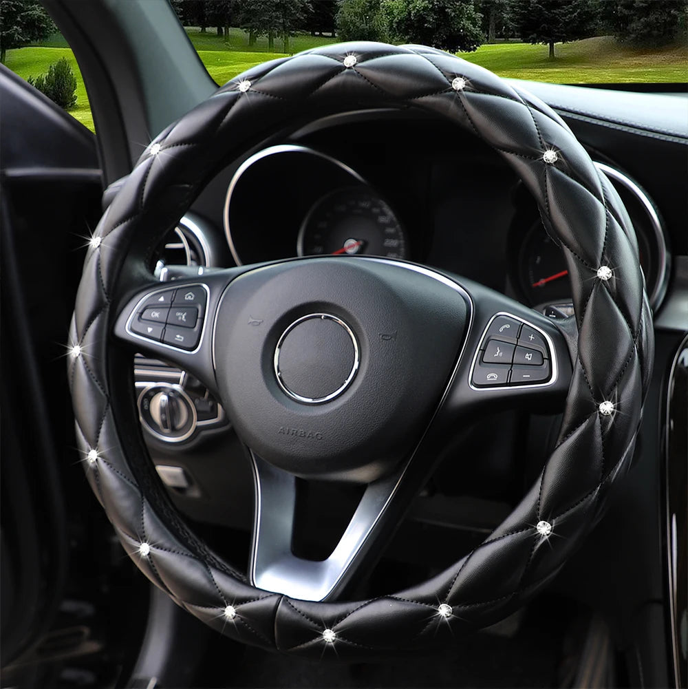 Soft leather embroidered stereo diamond-studded car steering wheel cover with inner ring fits 14.5-15 inches CM World