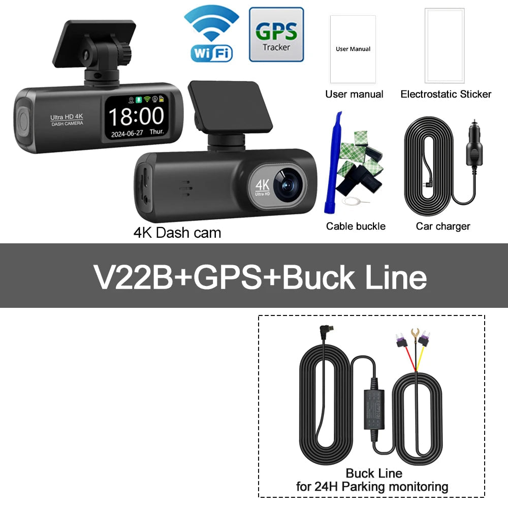 UHD 4K WiFi Dash Cam Dual Lens Driving Recorder Car DVR Optional 1080P Rear Lens Camera GPS 24H Parking Monitoring Black Box Car Mobile World