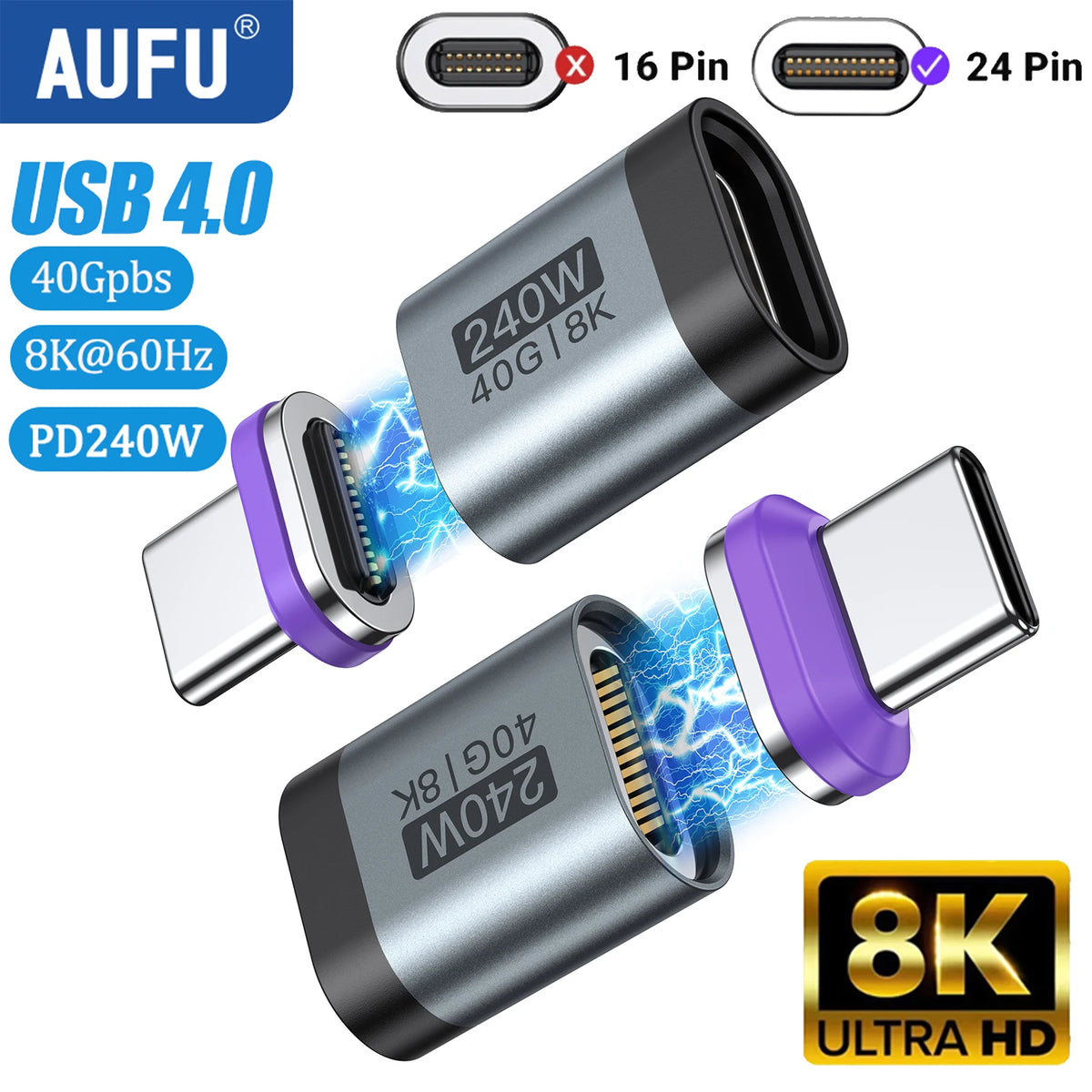 AUFU 240W Magnetic USB C Adapter Fast Charging Type C to USB C USB4 Connector 40Gbps 8K60Hz for Thunderbolt 4 3 iPhone16 Macbook