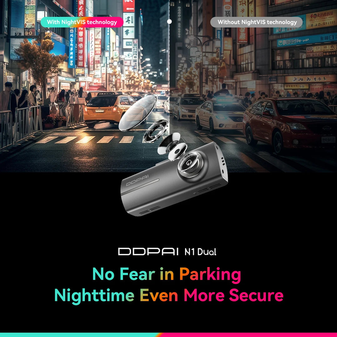 DDPAI N1 Dual 1296P Dash Cam Front and Rear Recording 135 Degree Wide Angle IPS Battery Protection Smart Parking Monitor App Con
