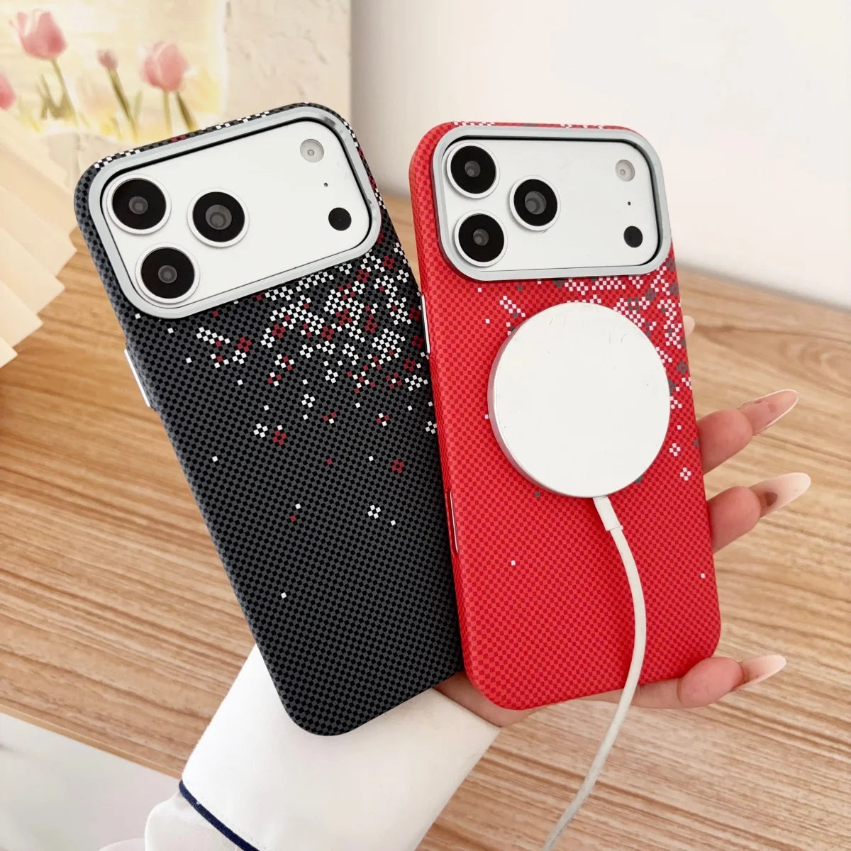 Luxury Cherry Blossom Kevlar Pattern For Magsafe Slim Case For iPhone 18 17 Air 16 15 14 13 Pro Max Magnetic All-inclusive Cover