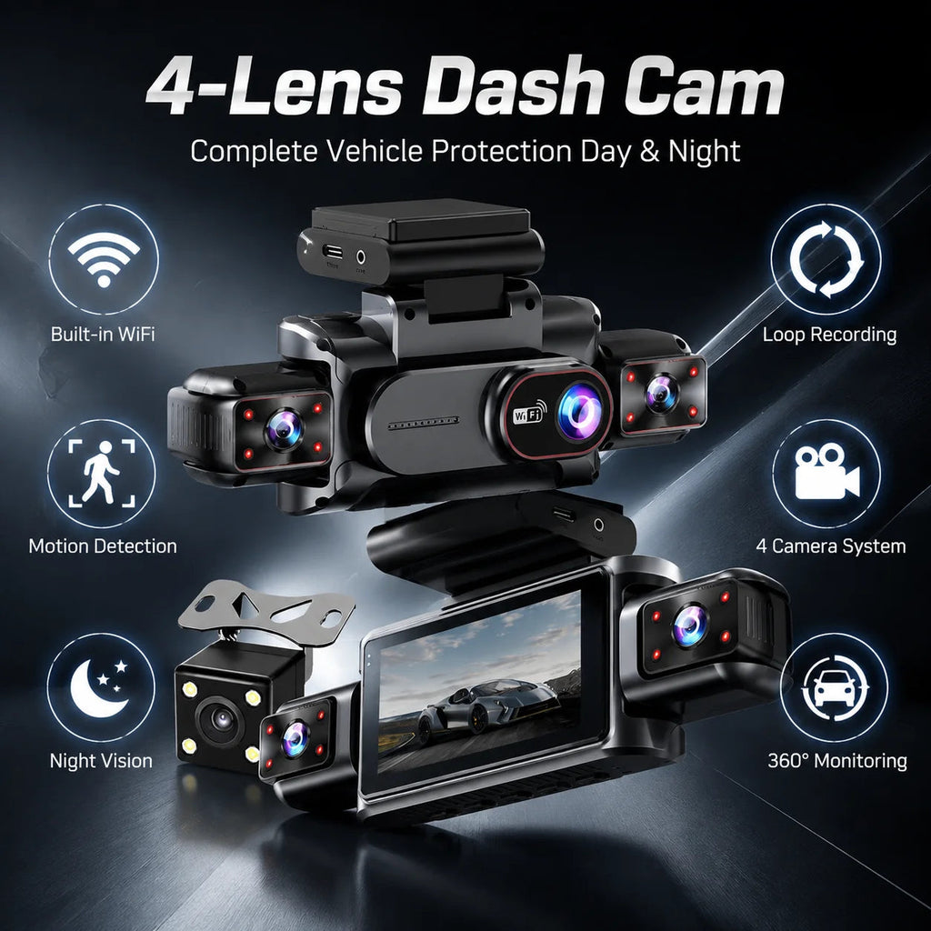 4Channel 1080P Dash Cam WiFi Car DVR with Front Inside Rear View Infrared Night Vision And Reversing Camera for Driving Recorder Car Mobile World