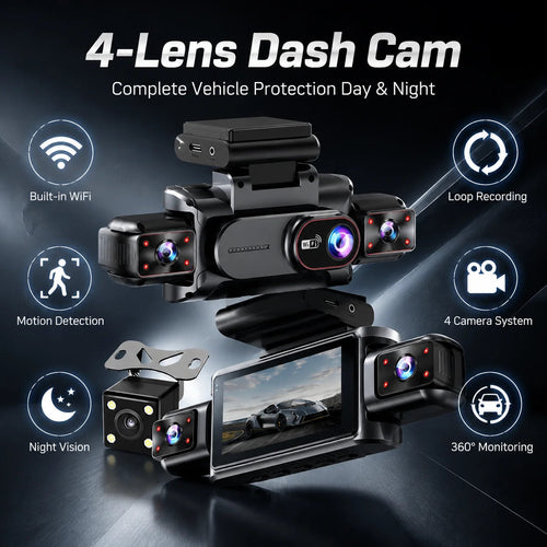 4Channel 1080P Dash Cam WiFi Car DVR with Front Inside Rear View Infrared Night Vision And Reversing Camera for Driving Recorder Car Mobile World