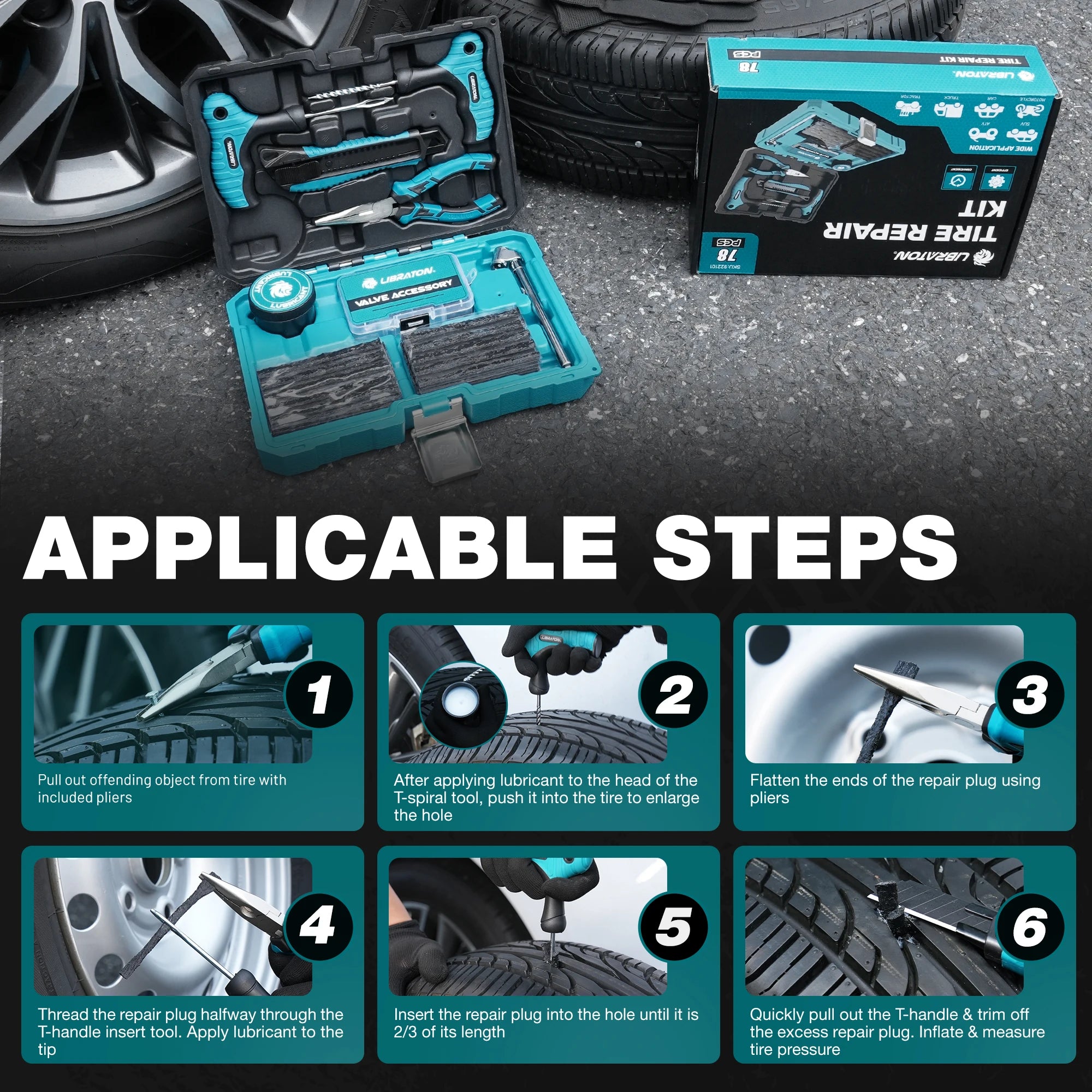 Libraton 78PCS Tire Repair Kit Heavy Duty Professional Tire Plug Kit Repair Tools For Fix Car, Motorcycle, SUV, Truck Tire Plug CM World