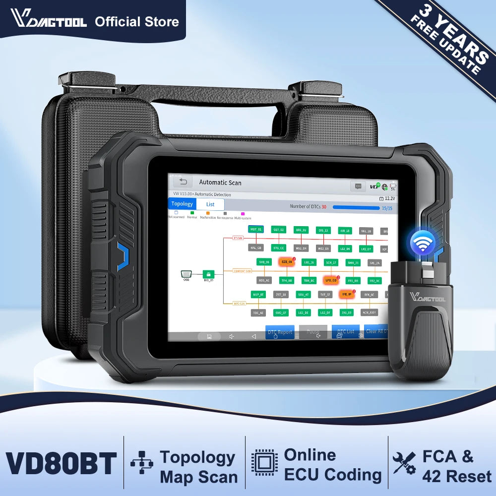 VDIAGTOOL VD80BT Car Diagnostic Tool Automotive OBD2 Scanner with Topology Map 42+ Reset ECU Coding Active Test FCA/CAN FD/DOIP