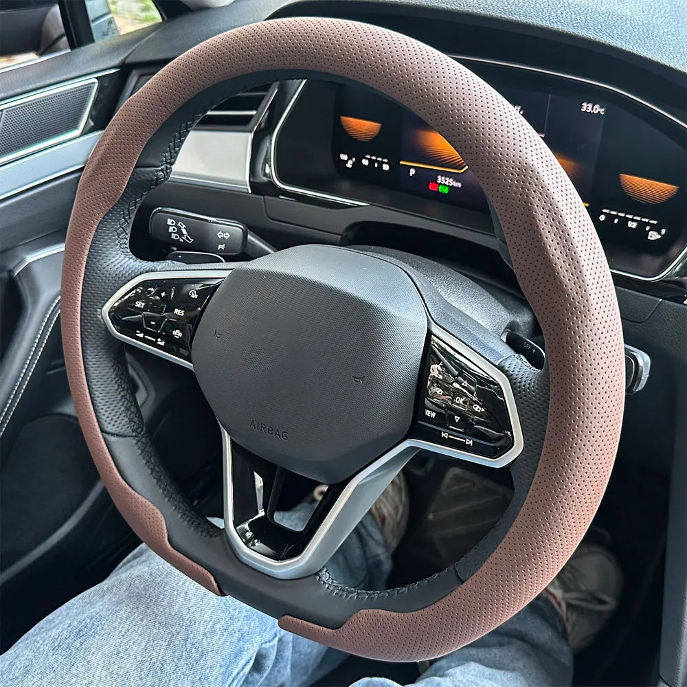 Leather D cut Auto Steering Wheel Cover Ultra-Thin Breathable Non-Slip D Shape Sport Car Steering Wheel Protector Accessories CM World