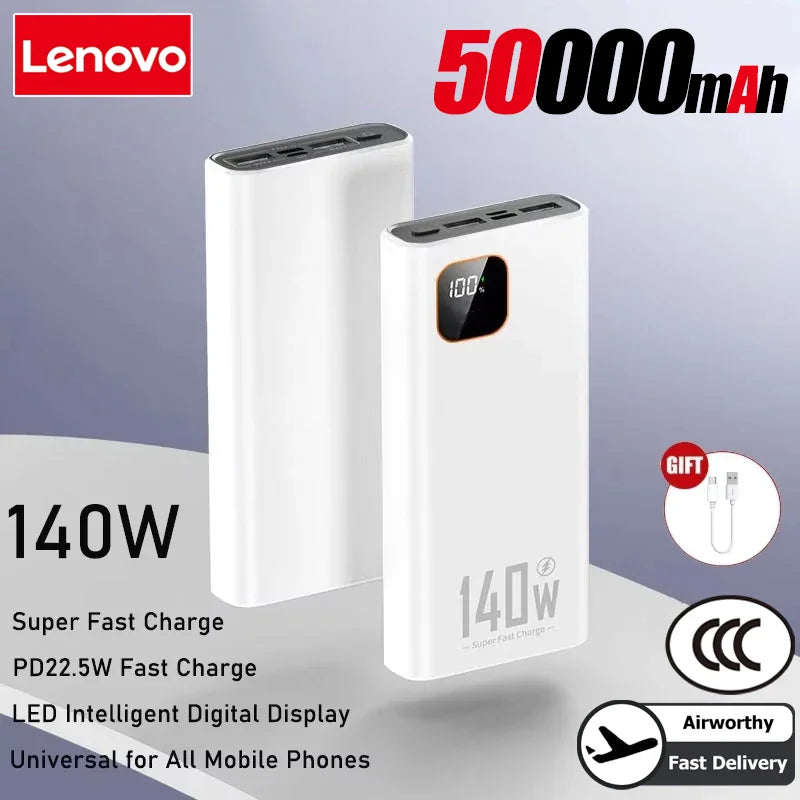 Lenovo 140W 500000mAh Ultra Capacity Power Bank Super Fast Charging CCC Portable Battery Charger For IPhone Samsung 2026 New Car Mobile World