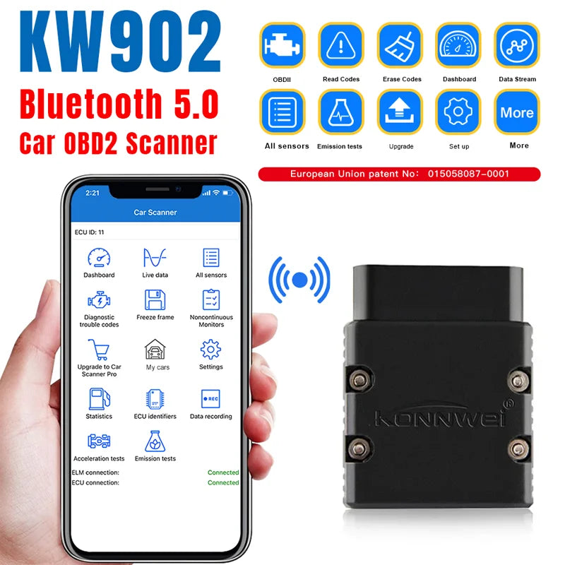 2026 KONNWEI KW902 ELM327 V1.5 OBD2 Car Diagnostic Scanner Bluetooth Auto Scanner Mini ELM 327 KW902 Code Reader for Android/IOS